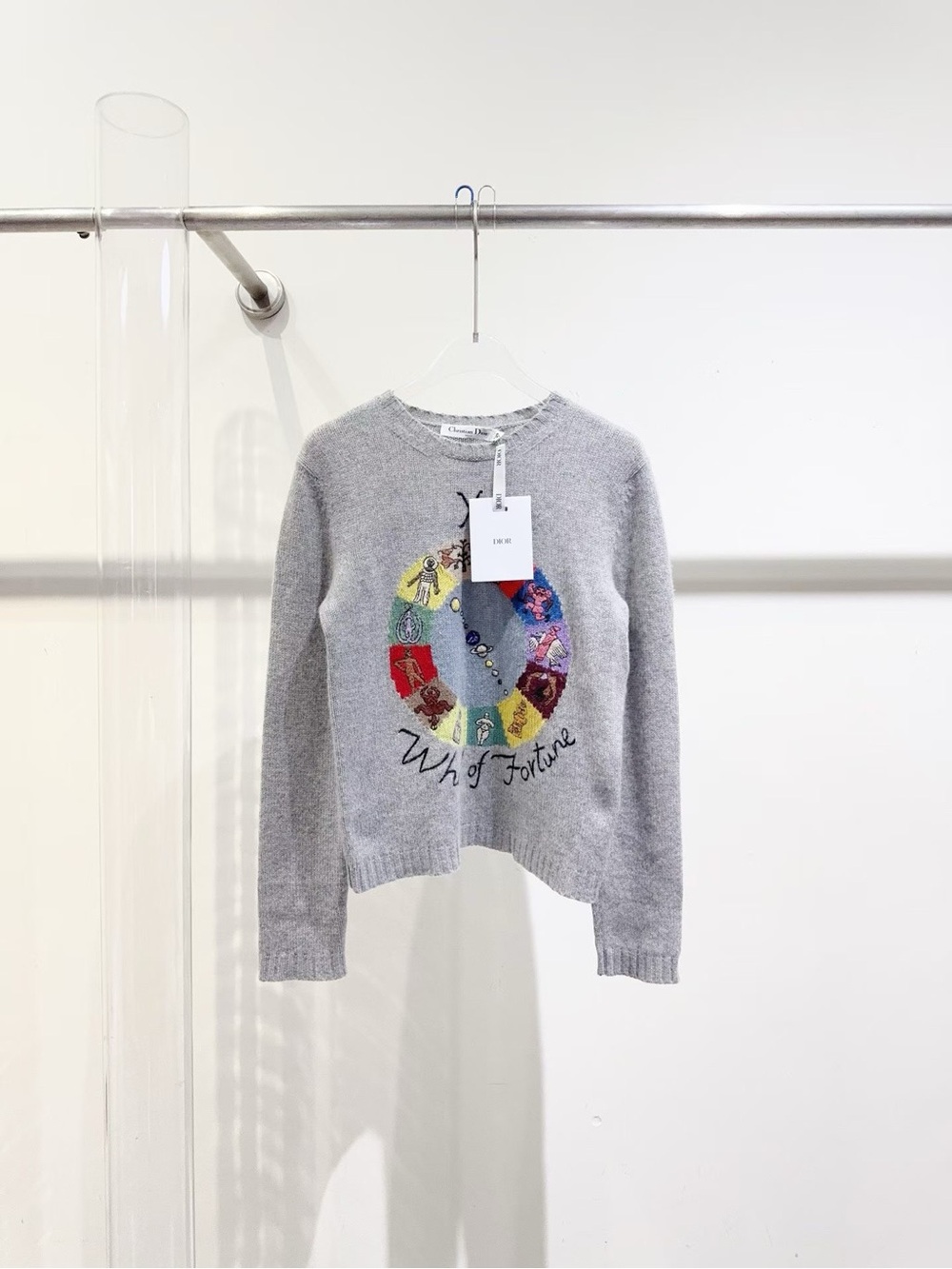 🚩steal Dior Grey Crewneck Sweater with Colorful Embroidered Wheel